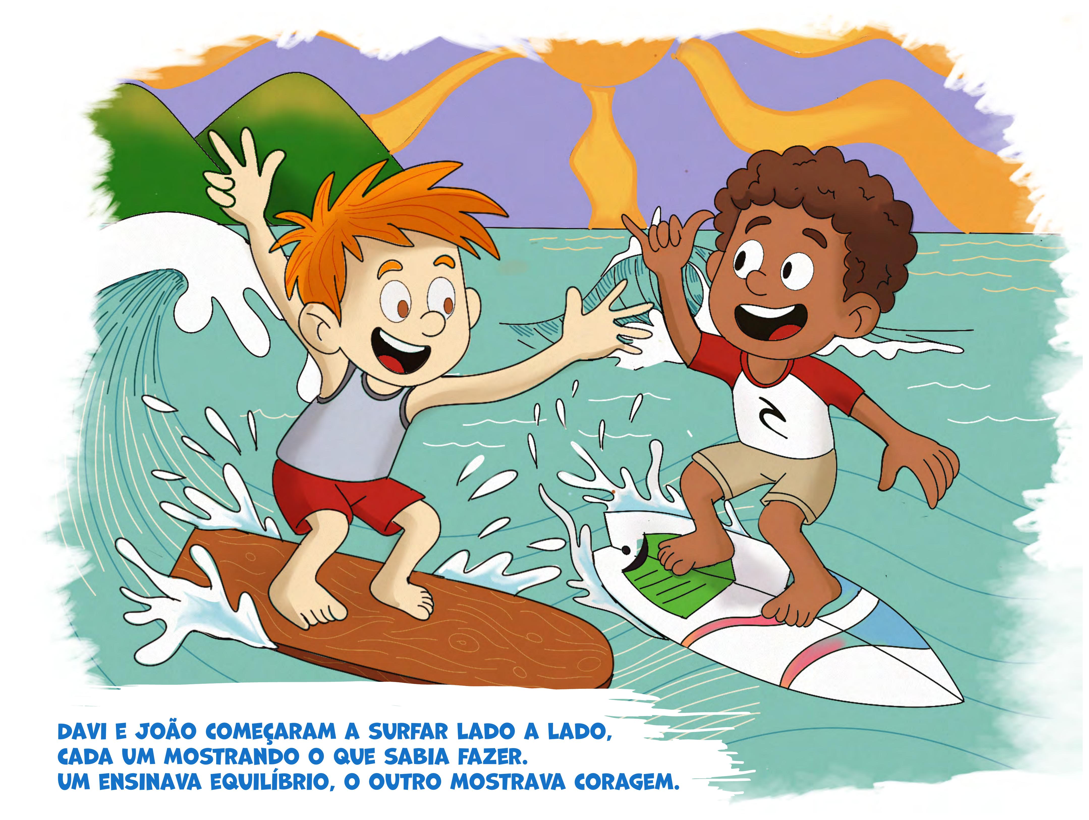 Página do livro: Davi e João surfando juntos
